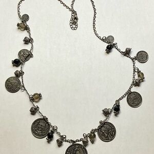 Silver Tone Faux Coins Charm Bead Necklace British French Coins